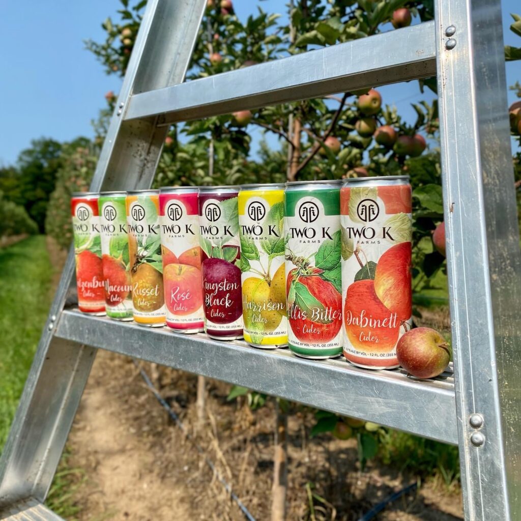 Photo of several cans of Two K Limited Release Ciders sitting on a ladder in an apple orchard with apple trees and blue sky in the background.