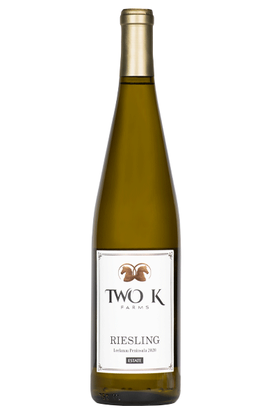 Bottle of Two K Farms Riesling wine on white background.