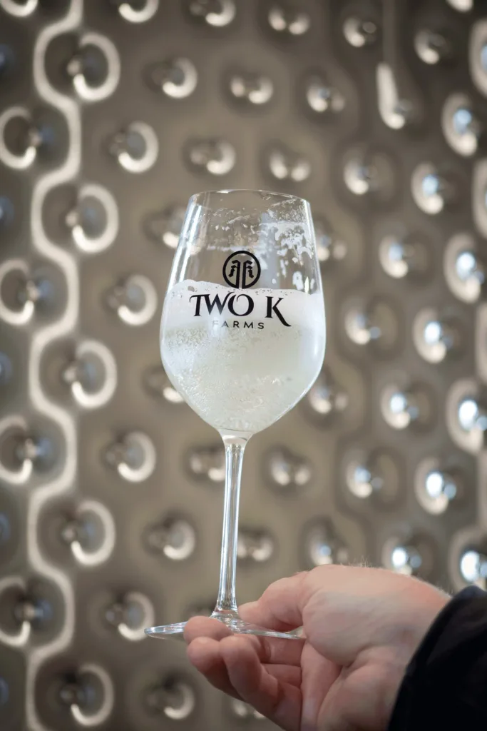 Hand holding a freshly poured glass of Two K Farms cider.